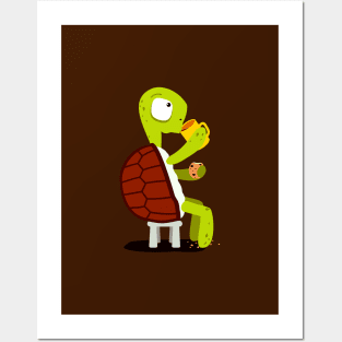 Turtle drinking tea with cookies Posters and Art